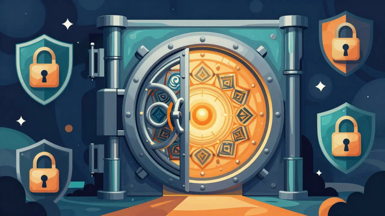 Illustration of a secure vault with mandala patterns symbolizing regulatory compliance.
