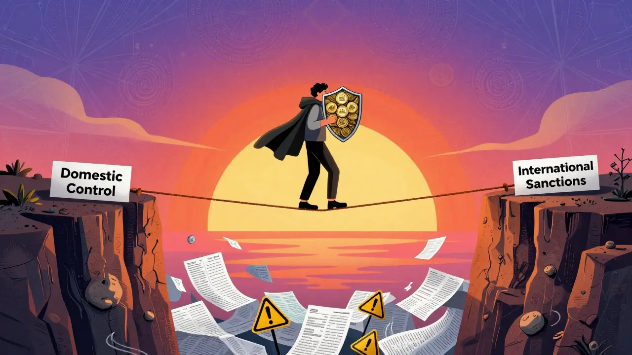 Illustration of a trader balancing on a tightrope between domestic rules and global sanctions.