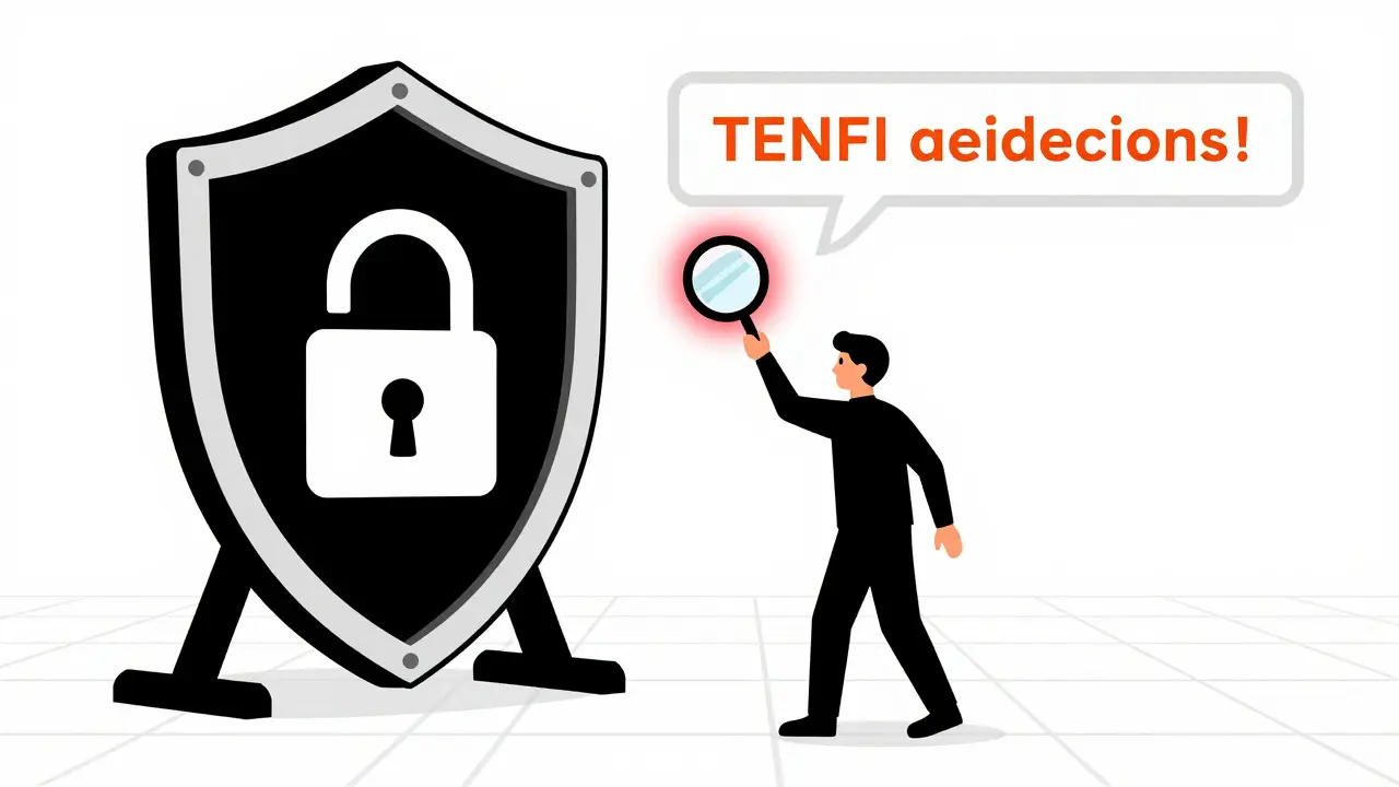 Illustration of a user checking URLs with a magnifying glass to avoid scams.