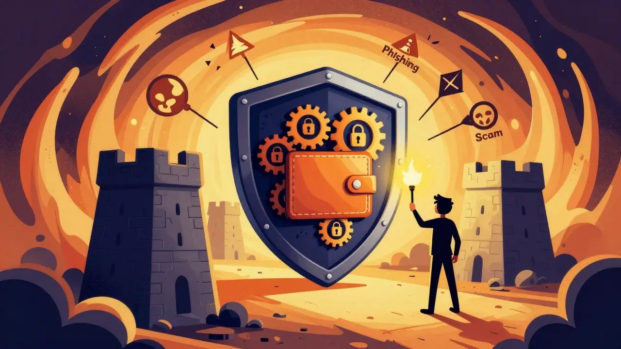 Illustration of a user protecting their crypto wallet with security shields.