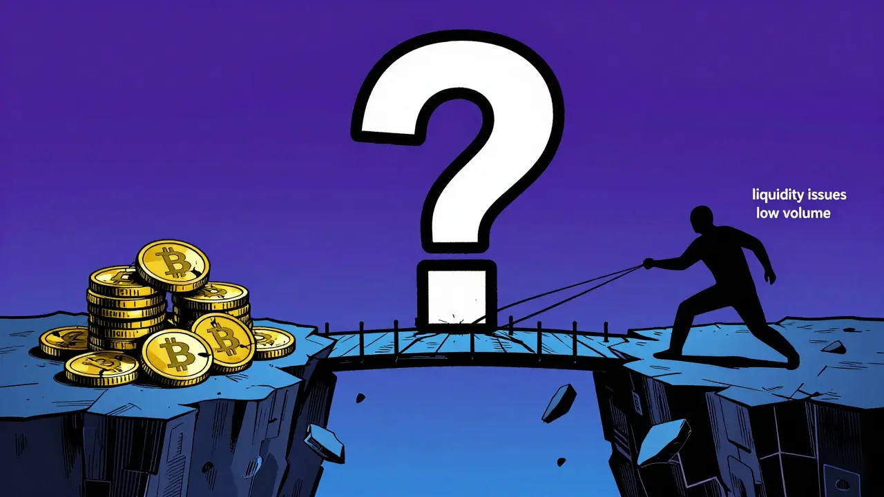 Illustration of crumbling crypto bridge symbolizing liquidity risks