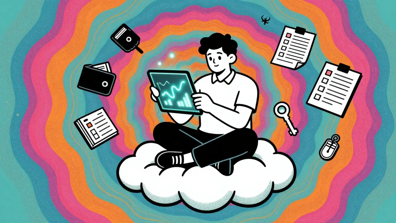 Relaxed investor on a cloud surrounded by floating crypto symbols