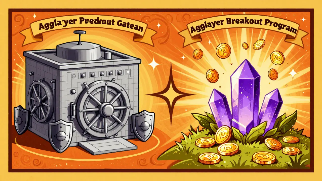 Retro-futuristic art contrasting a secure launchpad vault with an open rewards field