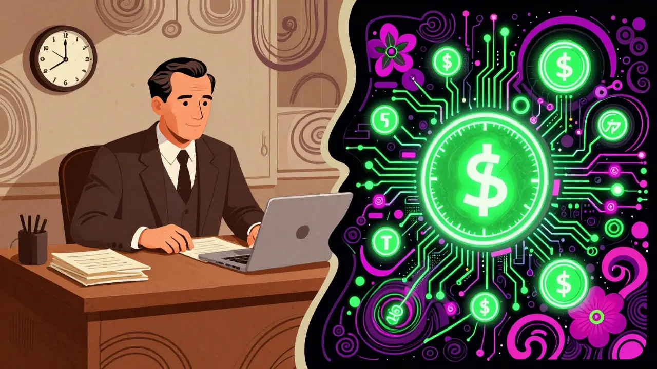 Retro illustration contrasting calm banker with chaotic DeFi algorithms