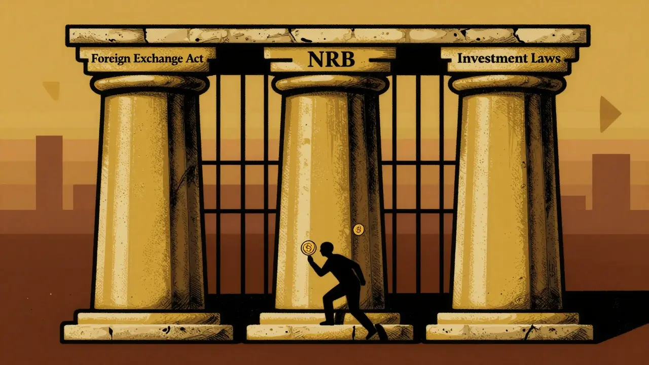 Retro illustration of legal pillars forming a cage around a crypto trader.