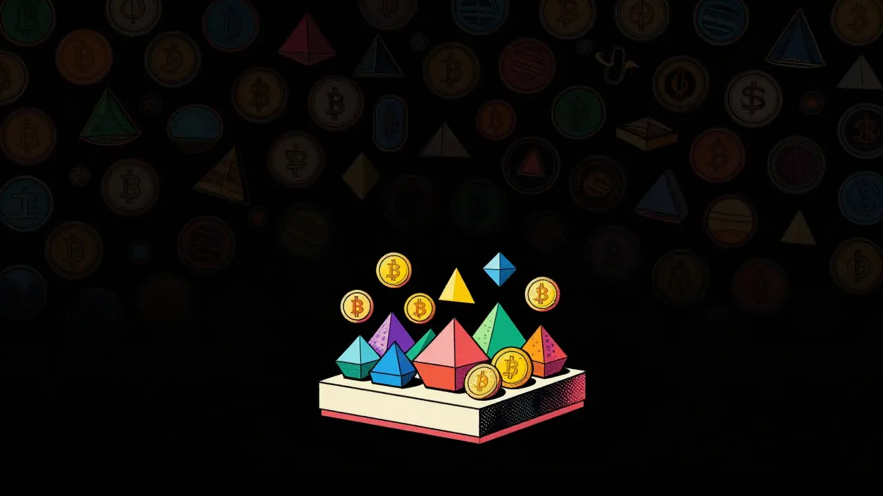 Retro poster art showing few crypto coins on a podium amidst a void of missing assets.