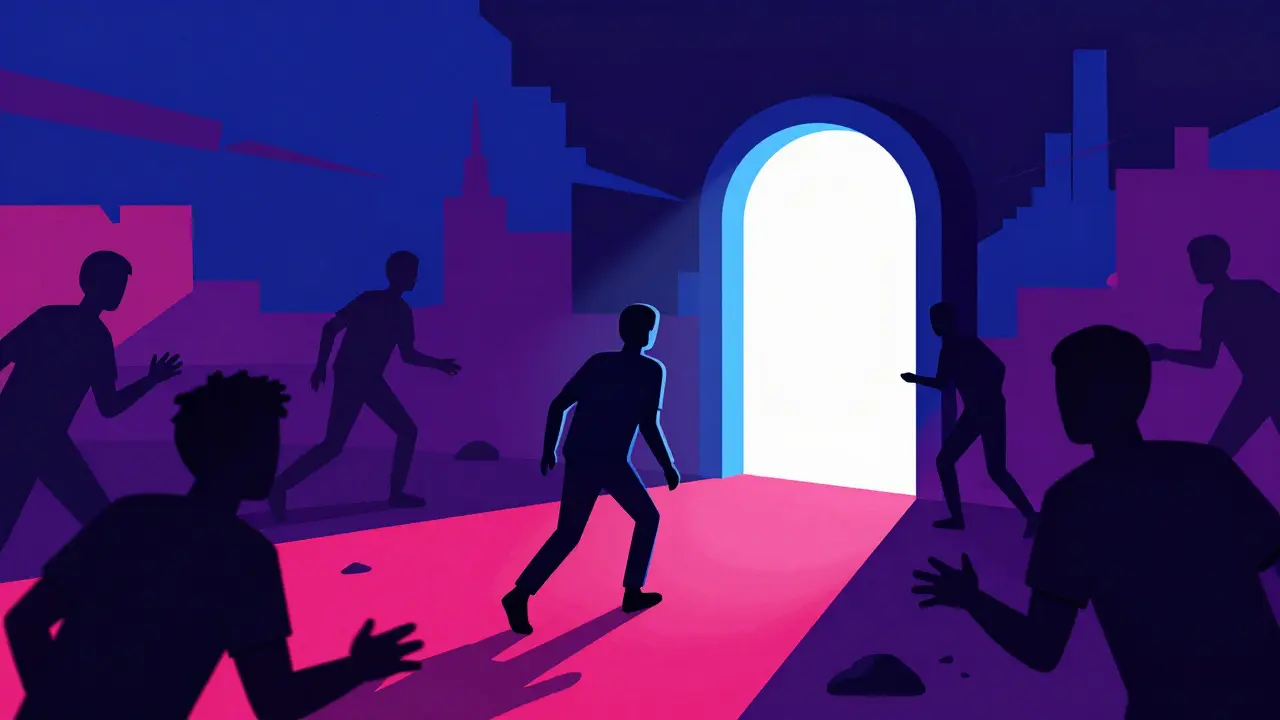 Retro poster art showing shadowy figures luring a user in a chaotic scene.
