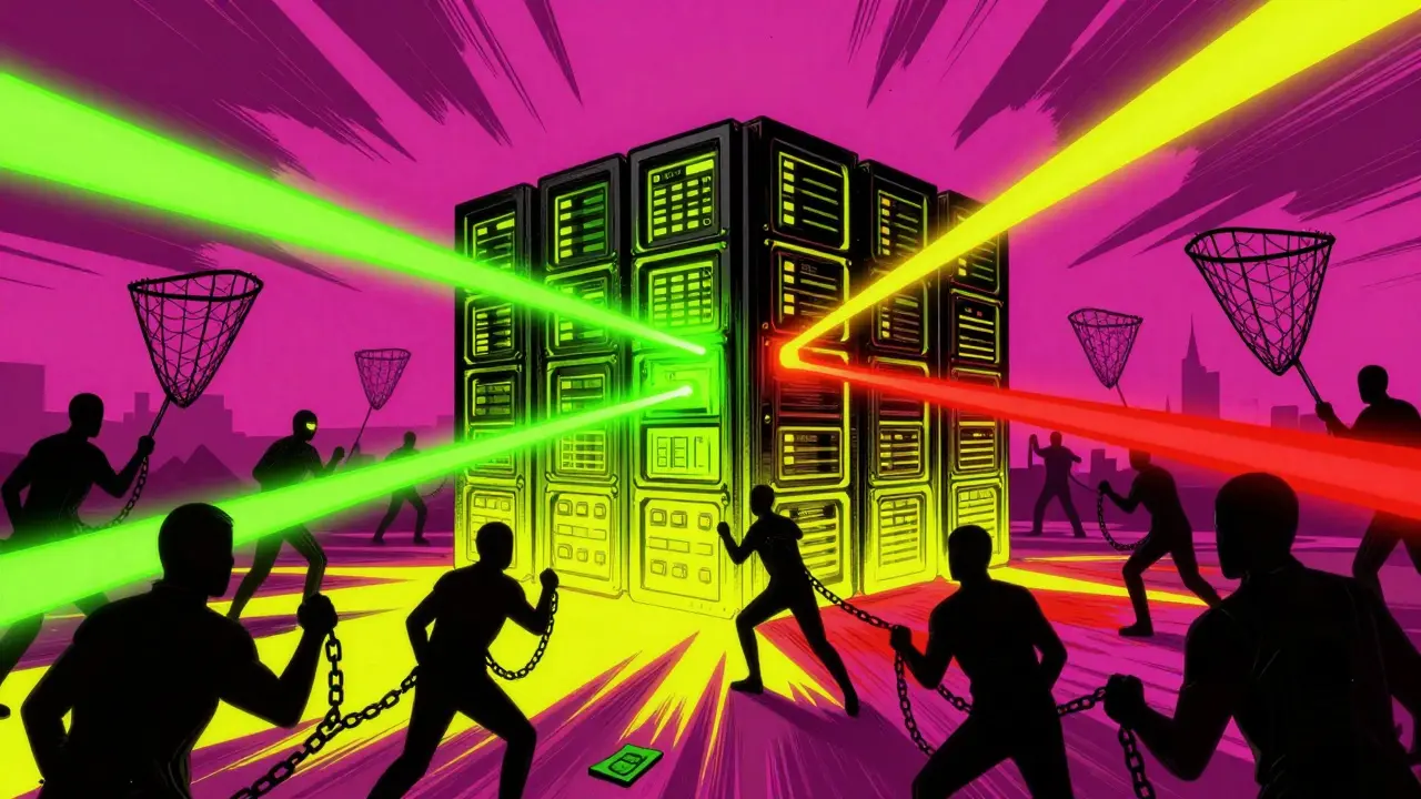 Retro-style art showing a crypto exchange under attack by shadowy enforcers and lasers.
