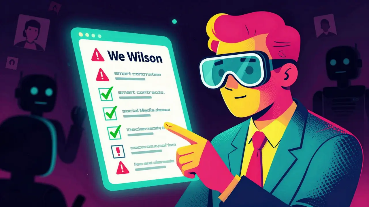 Retro-style art showing a digital detective verifying blockchain data against scams.