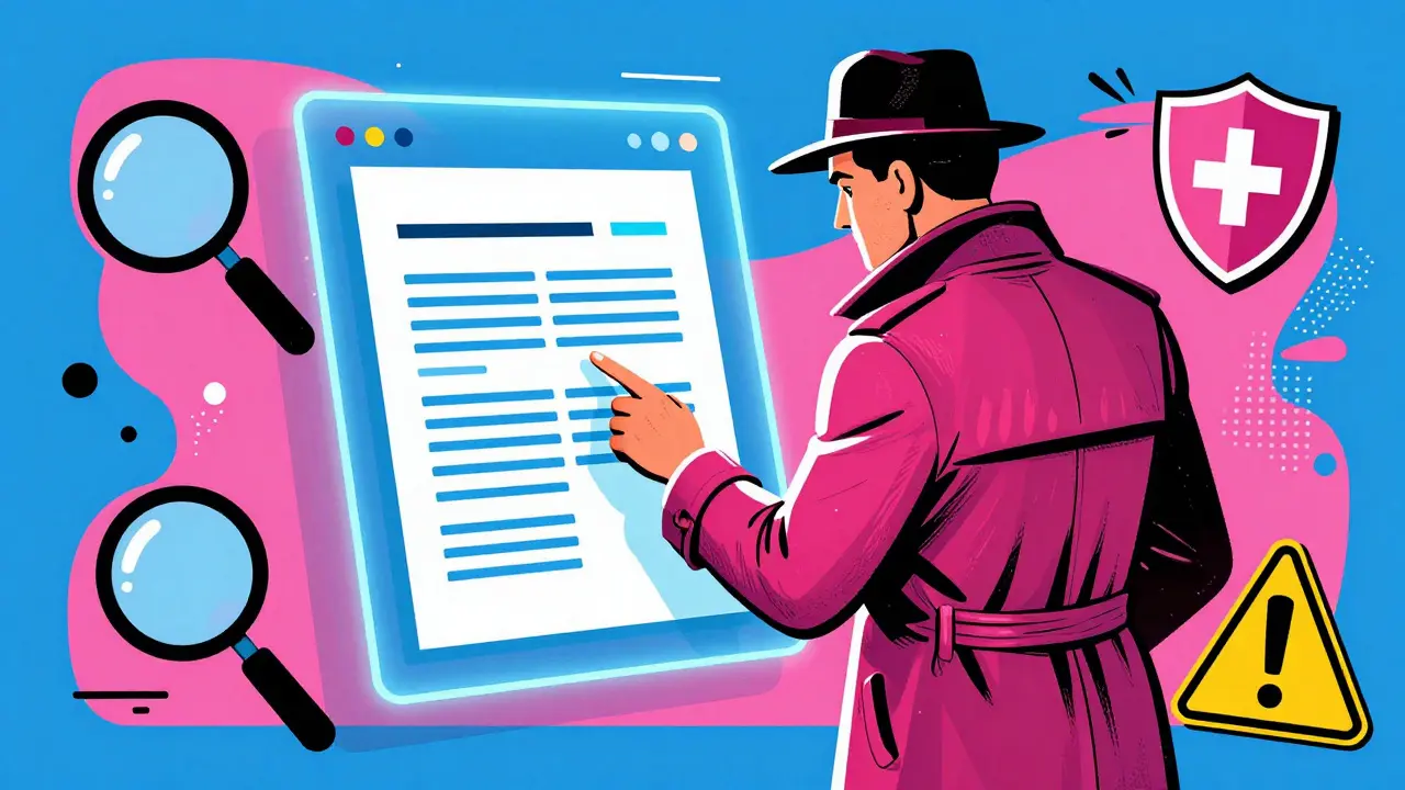 Retro-style detective inspecting digital contract for crypto scams