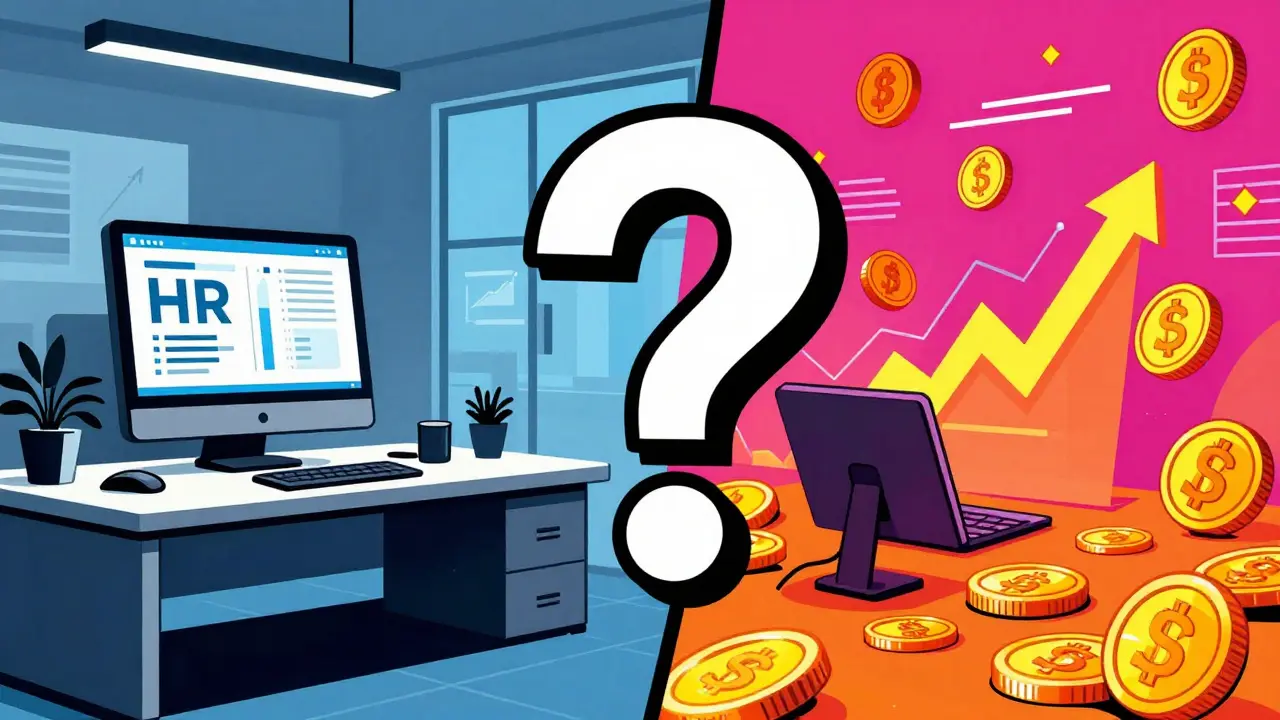 Split illustration comparing corporate HR software vs crypto token