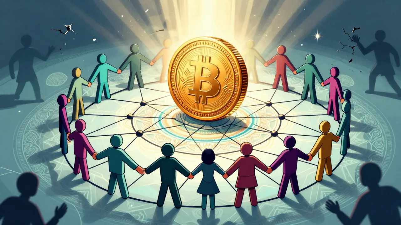 Stylized art of a decentralized network shield protecting a digital asset from attackers.
