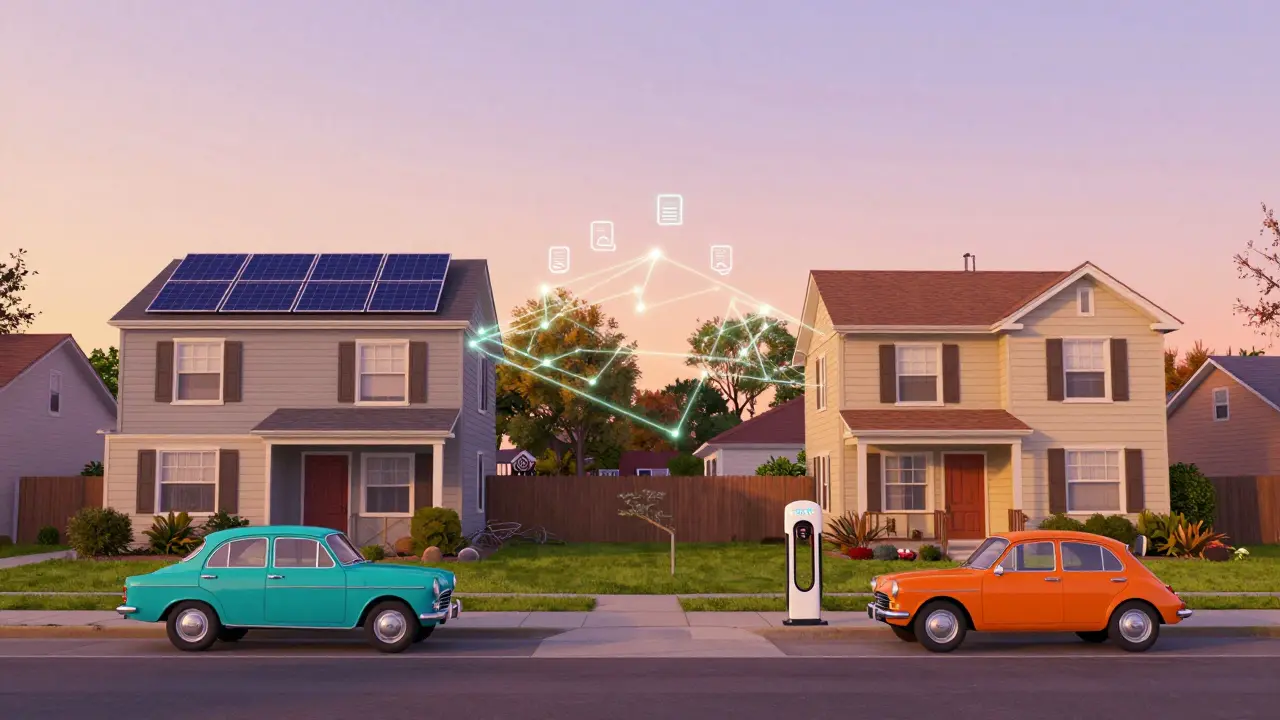 Stylized suburban homes exchanging solar energy via glowing lines
