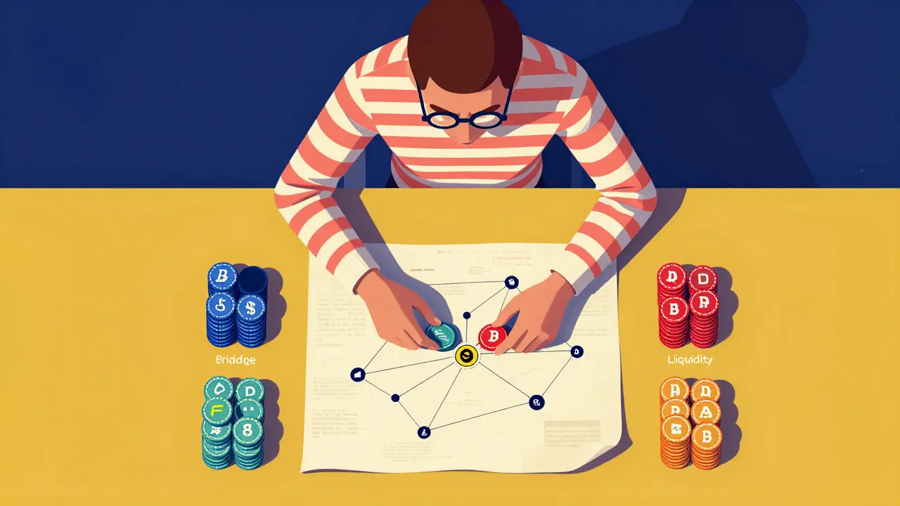 Top-down view of a crypto hunter organizing tokens for TENFI airdrop farming.