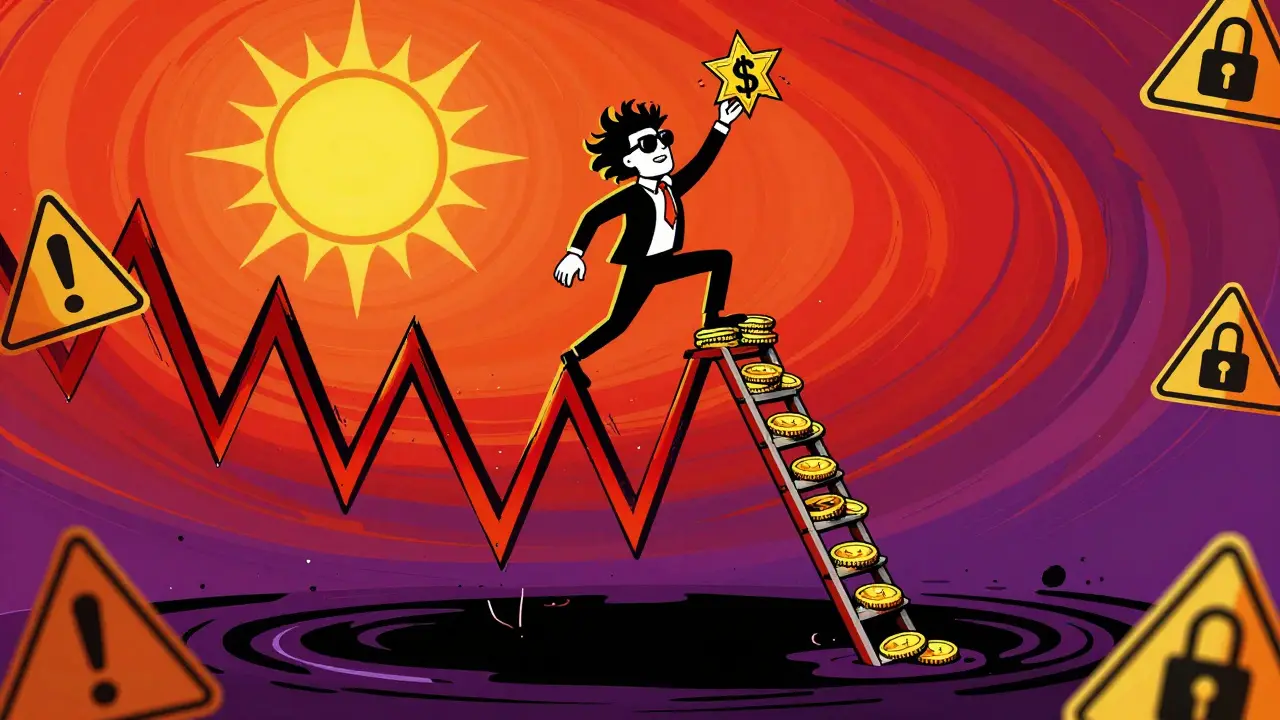 Trader on wobbly coin ladder amidst volatile crypto charts