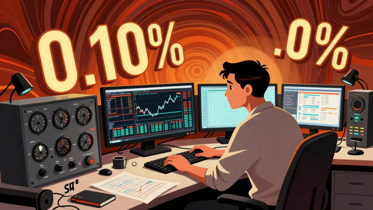 Trader surrounded by complex charts and data in a Wes Wilson psychedelic style.
