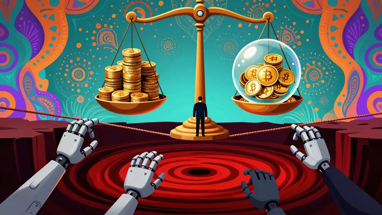 Trippy art of figure on tightrope above liquidation vortex with scales