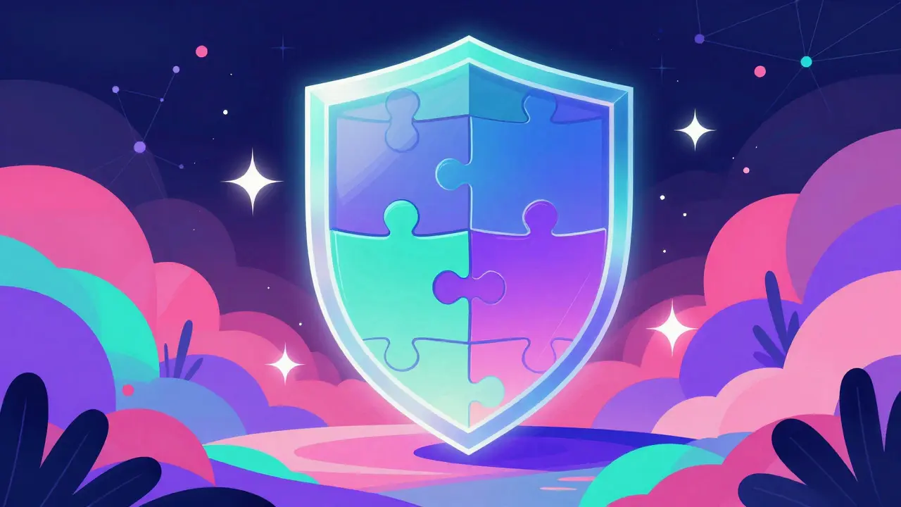 Vibrant Wes Wilson design depicting zero-knowledge proofs and hybrid blockchain security concepts.