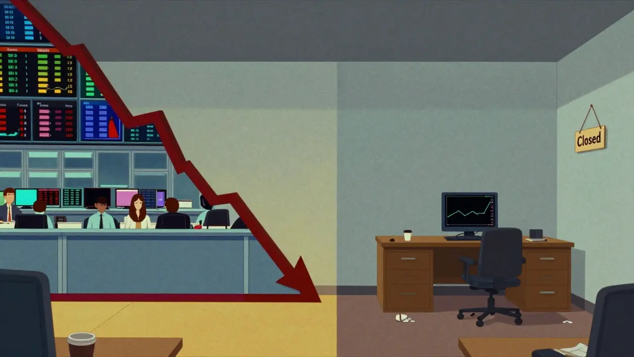 Wes Anderson art showing empty office and dropped trading volumes