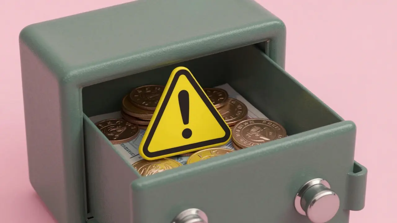Wes Anderson style illustration of tokens and a warning sign in a wallet