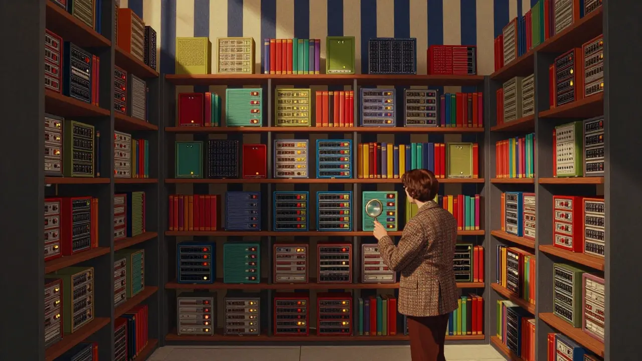 Whimsical, organized server room with colorful drives in Wes Anderson style
