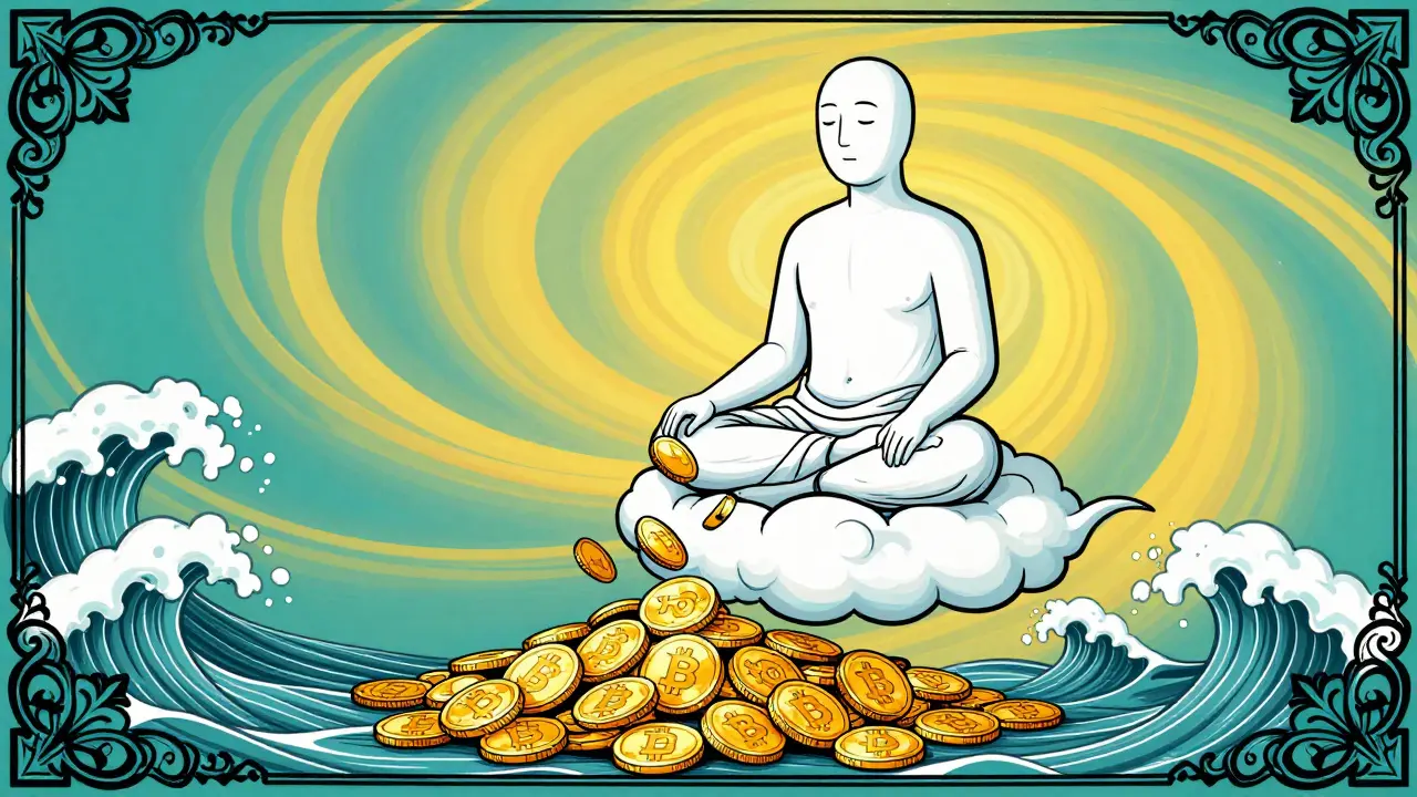 Zen figure calmly accumulating Bitcoin coins amidst colorful swirling patterns