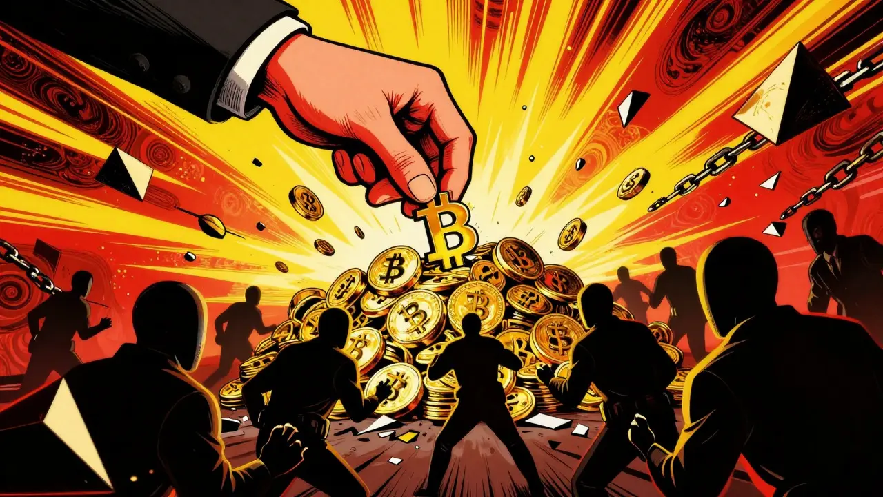 Cartoon depiction of law enforcement seizing billions in cryptocurrency