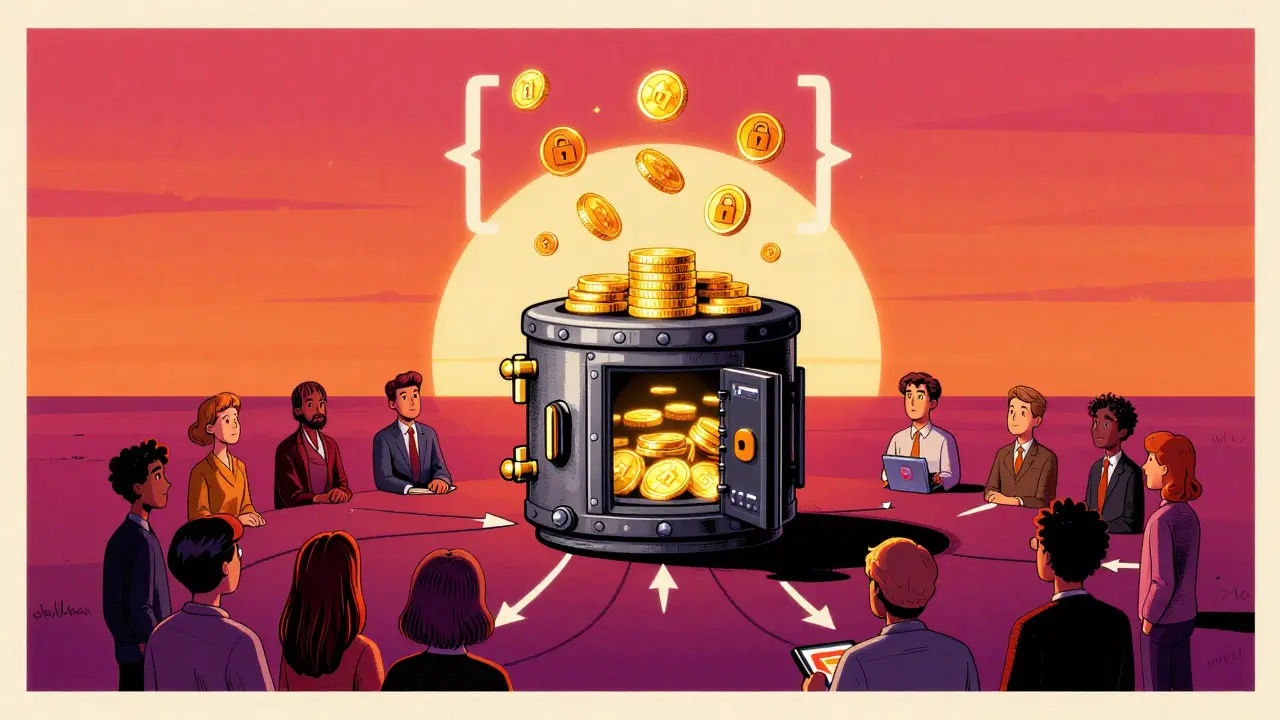 Cartoon of DAO voting process with treasury and smart contracts