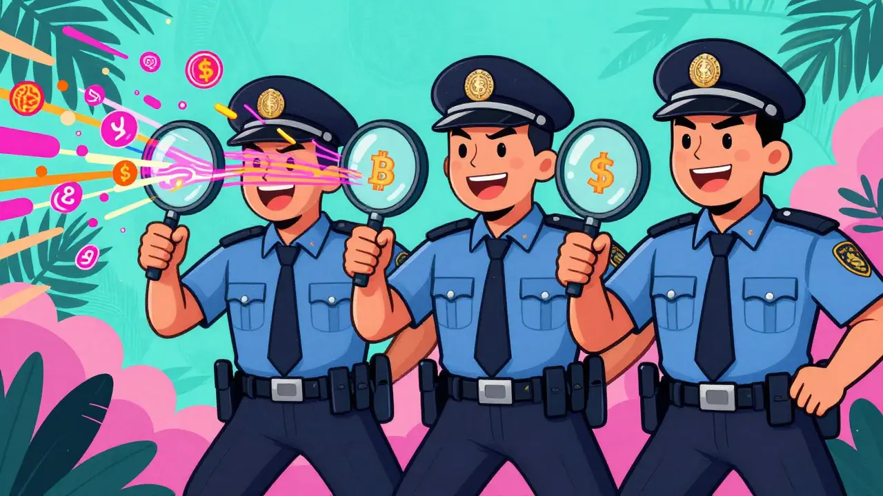 Cartoon officers tracking colorful digital data streams in tropical setting