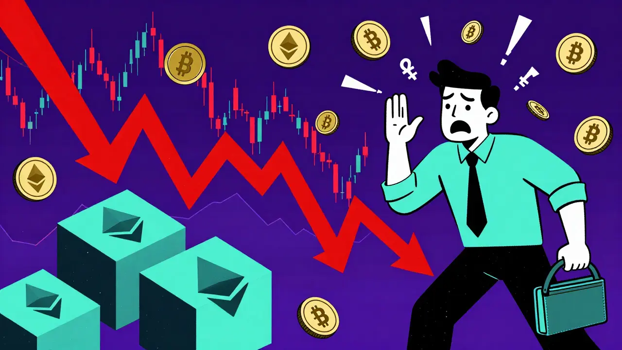 Chaotic crypto trading scene with volatile charts in Wes Wilson style
