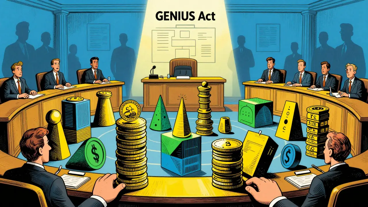 Colorful cartoon of regulations organizing stablecoins in a chamber