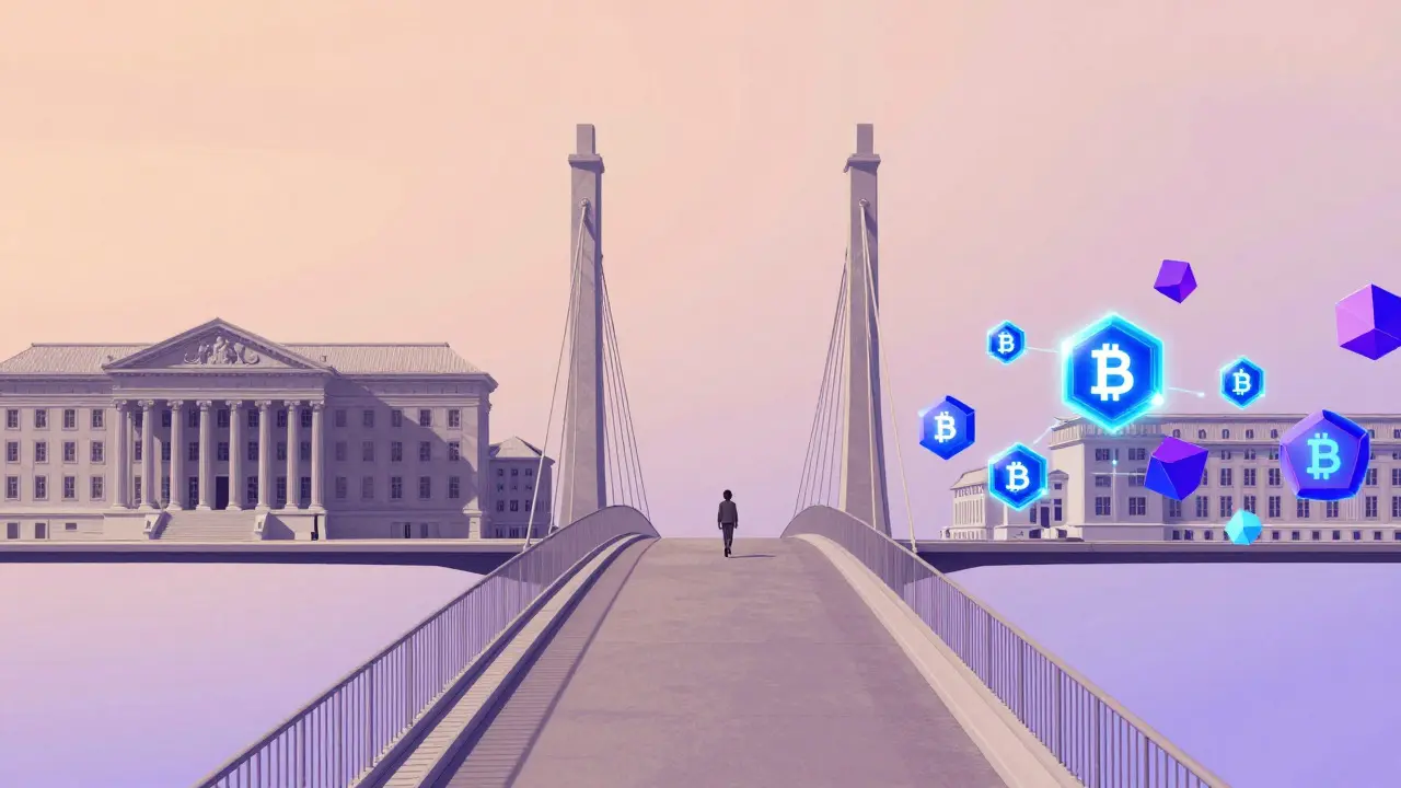 Conceptual bridge connecting traditional banks to digital blockchain nodes in pastel colors