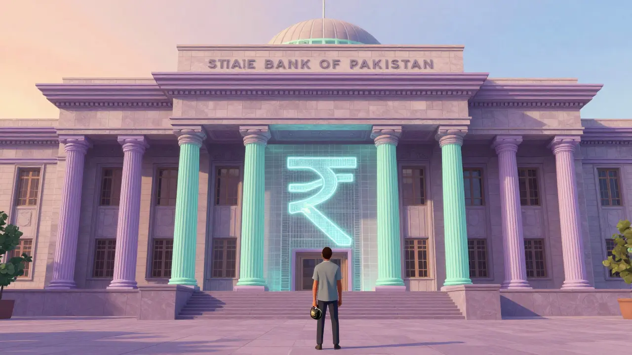 Digital currency symbol projected over a retro-style government bank building.