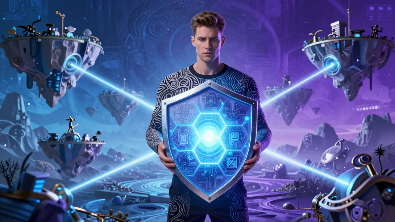Figure holding an encrypted shield in a serene digital landscape