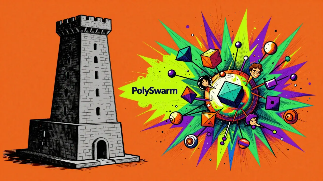 Groovy art contrasting rigid central security with dynamic decentralized networks