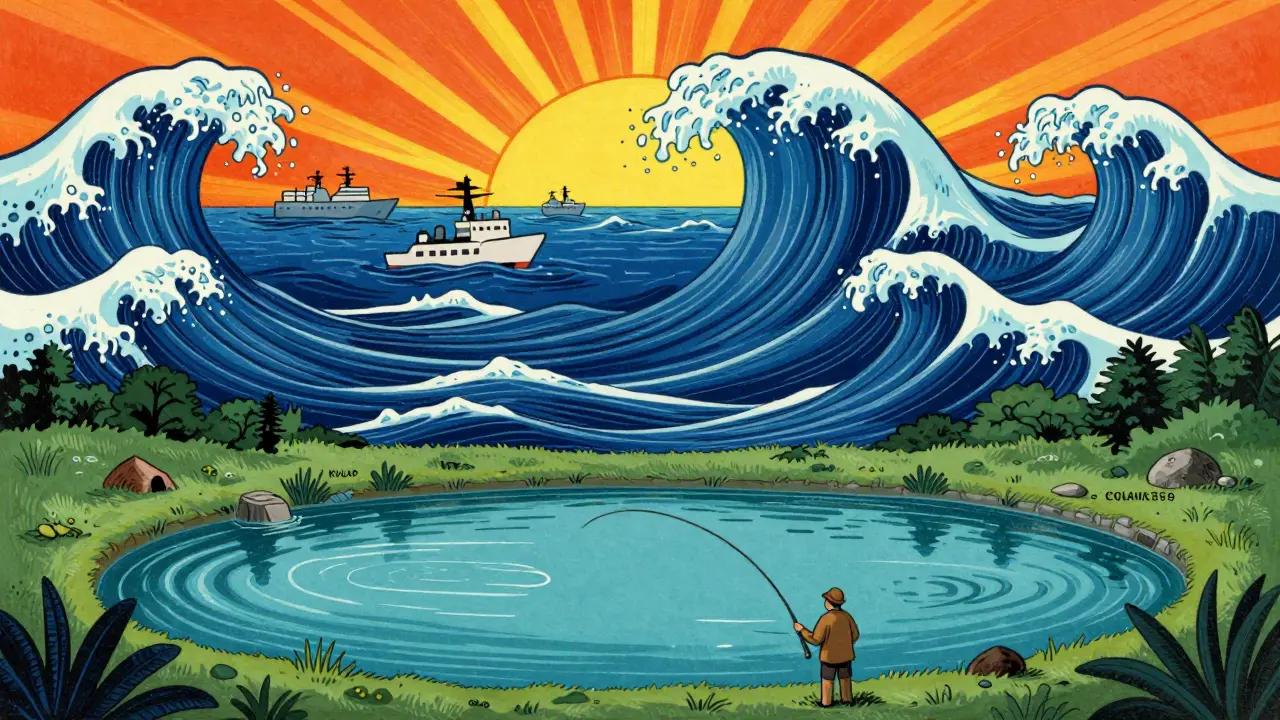 Illustration comparing a calm trading pond to a vast, turbulent ocean of liquidity