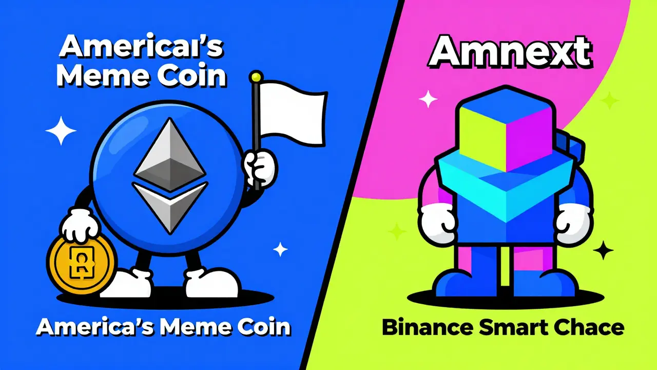 Illustration comparing meme coins vs utility tokens in Wes Wilson style