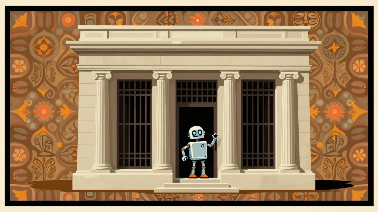 Illustration of a bank blocking entry to a digital currency character