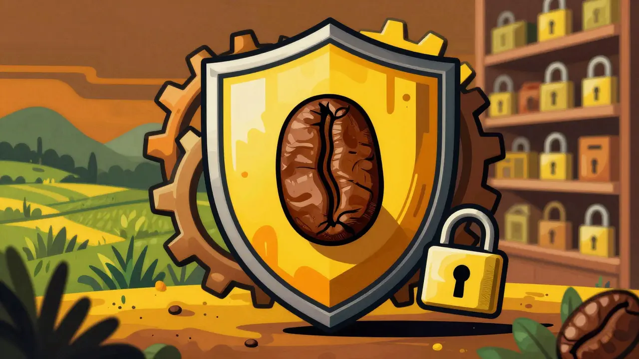 Illustration of a coffee bean protected by digital gears and locks