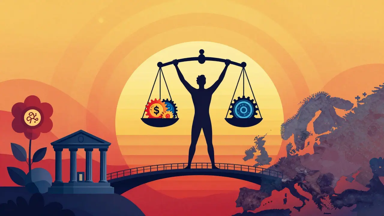 Illustration of a figure balancing scales on a bridge over a vibrant sunset