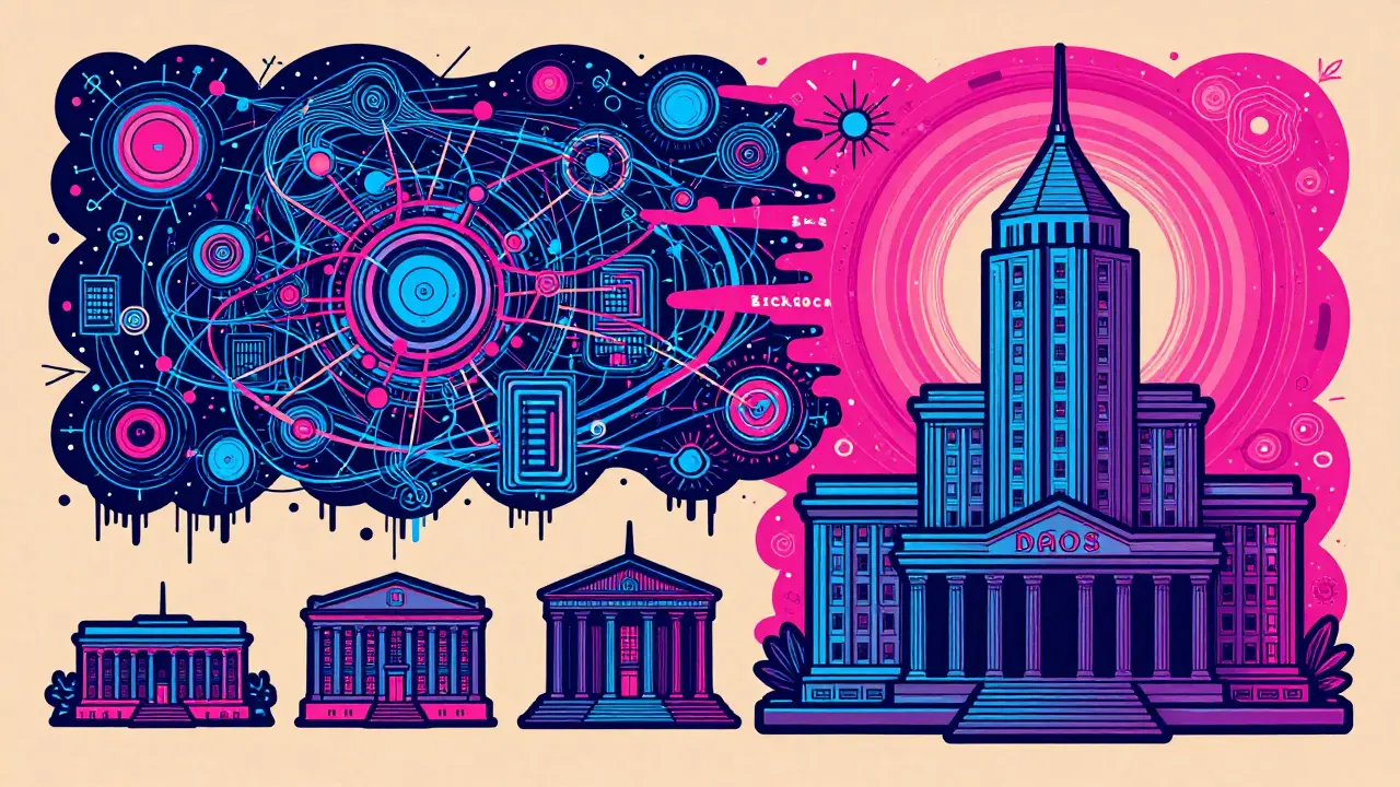 Illustration showing DAO evolution from chaos to structured governance