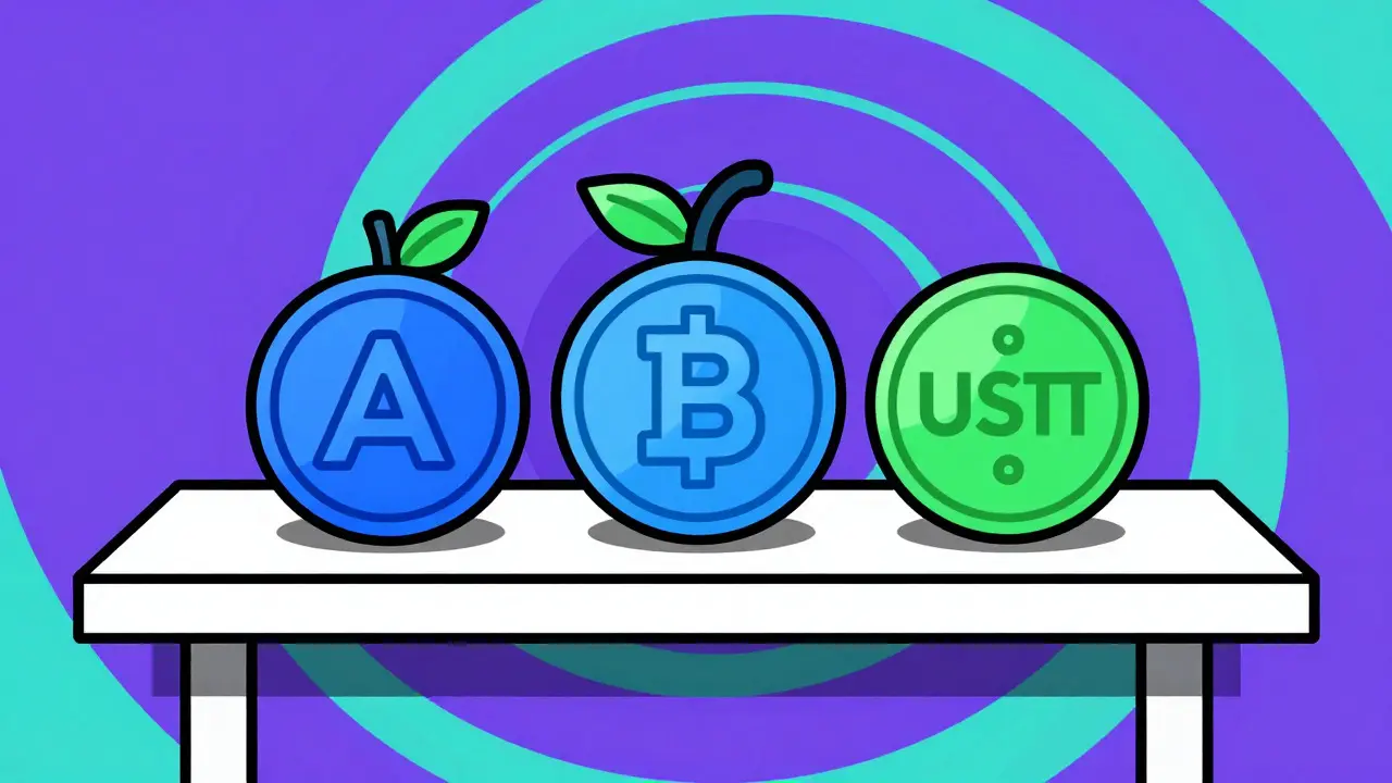 Limited selection of crypto tokens on a shelf in retro style