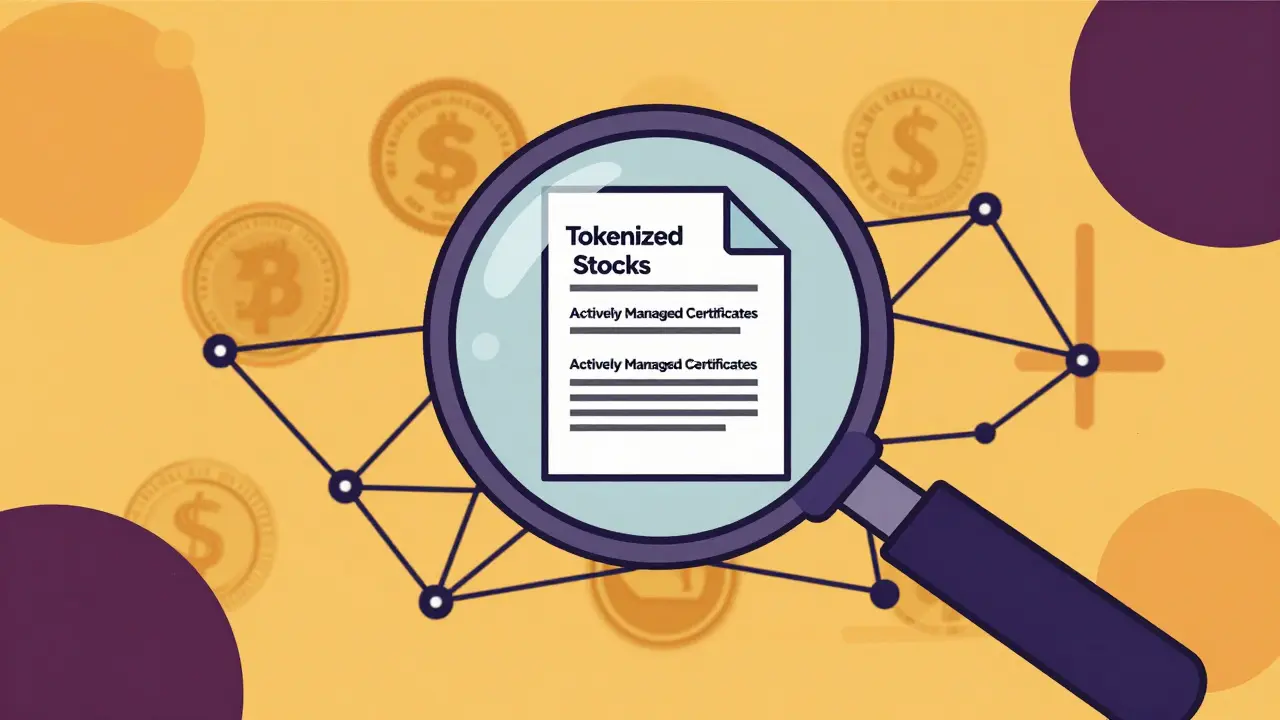 Magnifying glass inspecting tokenized stocks vs meme coins illustration