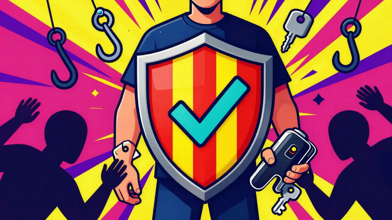 Psychedelic illustration of a shield protecting a crypto wallet from digital scams
