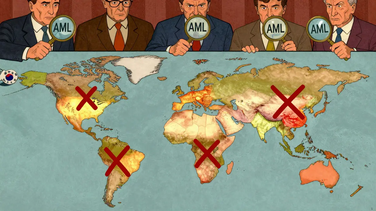 Psychedelic map showing banned regions and regulators watching crypto transactions.