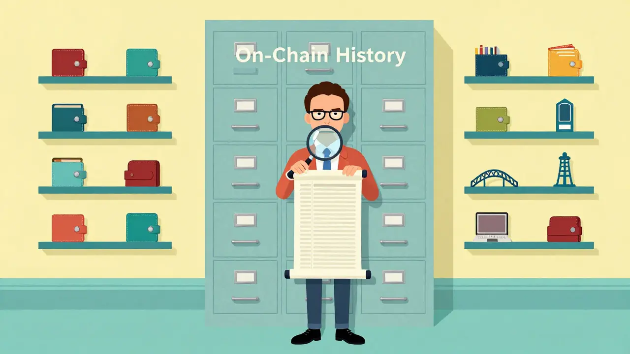 Quirky character inspecting on-chain transaction records with a magnifying glass in pastel tones.