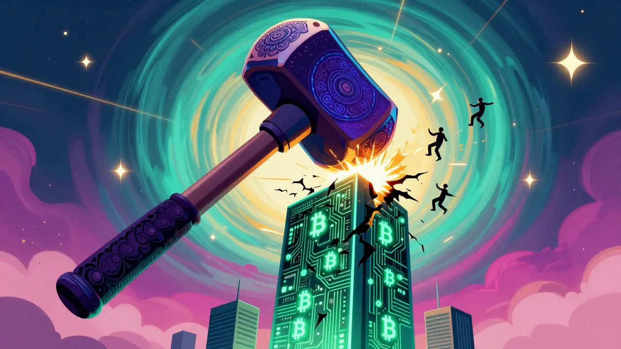 Regulatory hammer striking a crypto exchange tower