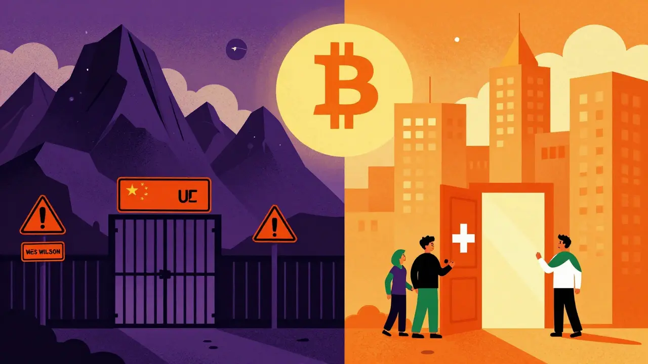 Retro illustration contrasting dark restrictive zones with bright crypto-friendly cities.