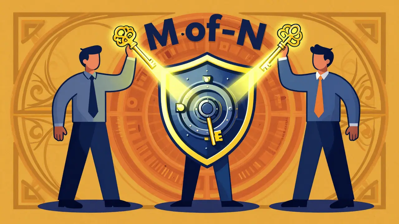 Retro illustration of three people sharing keys to secure a digital vault