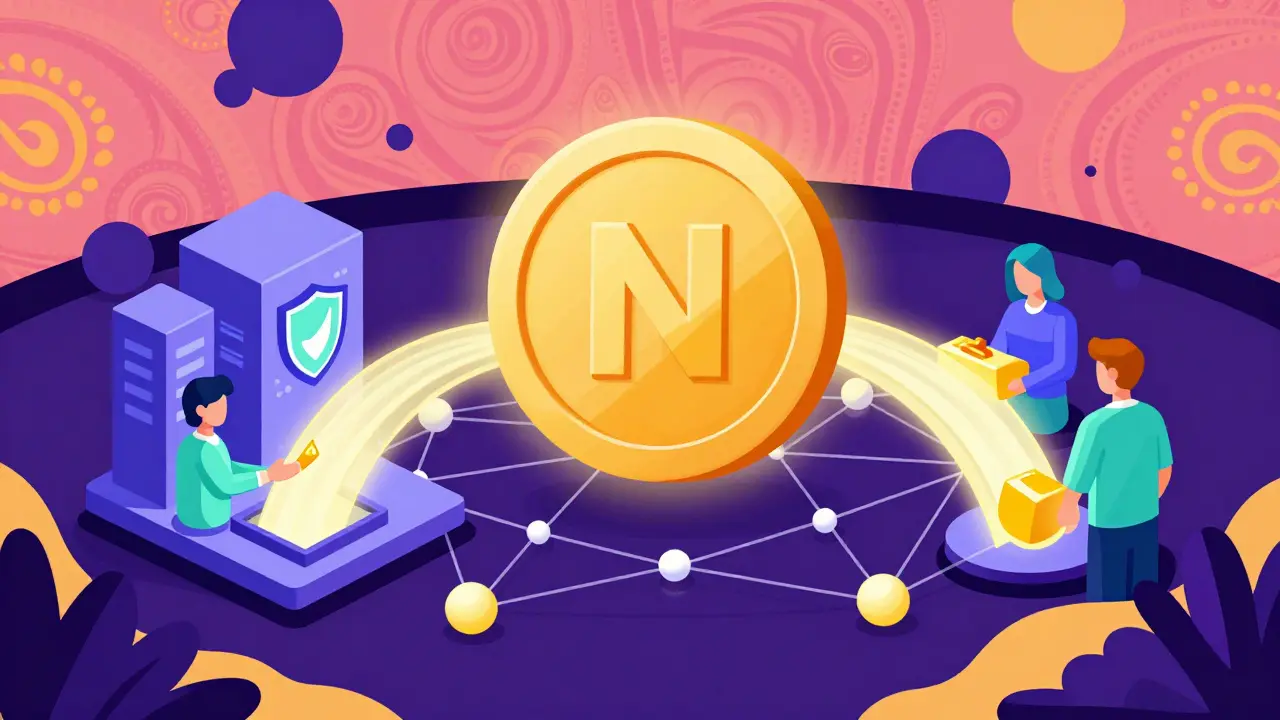 Retro illustration showing NCT token flow between enterprises and researchers